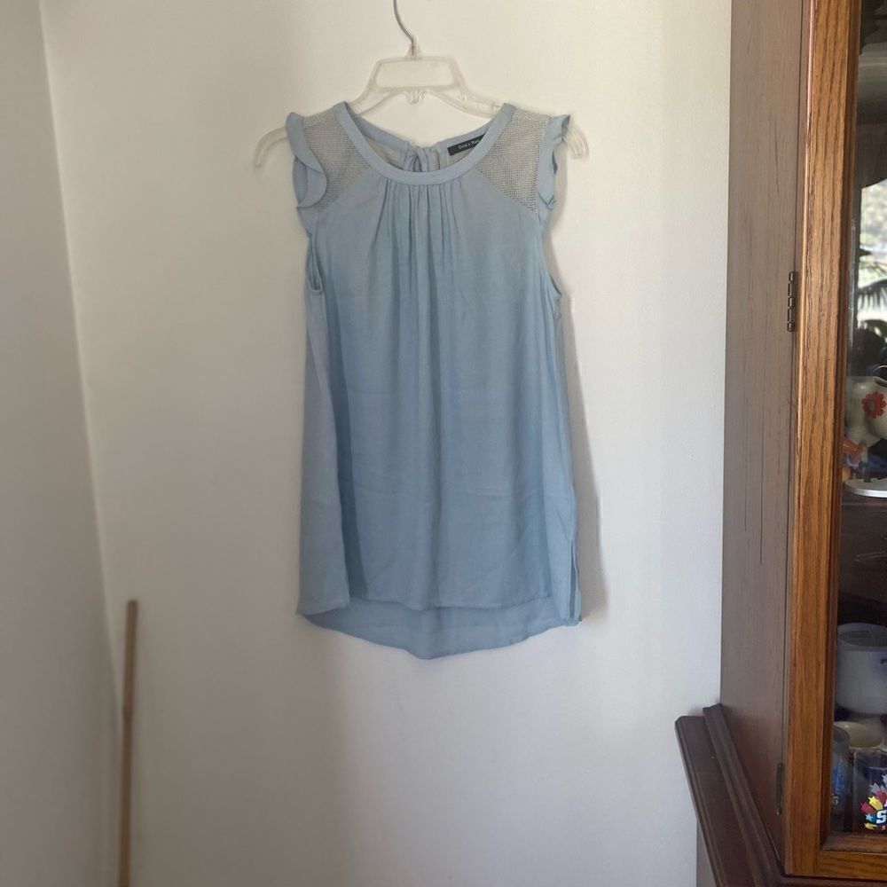 Doe & Rae Light Blue Mesh Yoke Ruffle Sleeve Top - Picture 12 of 13